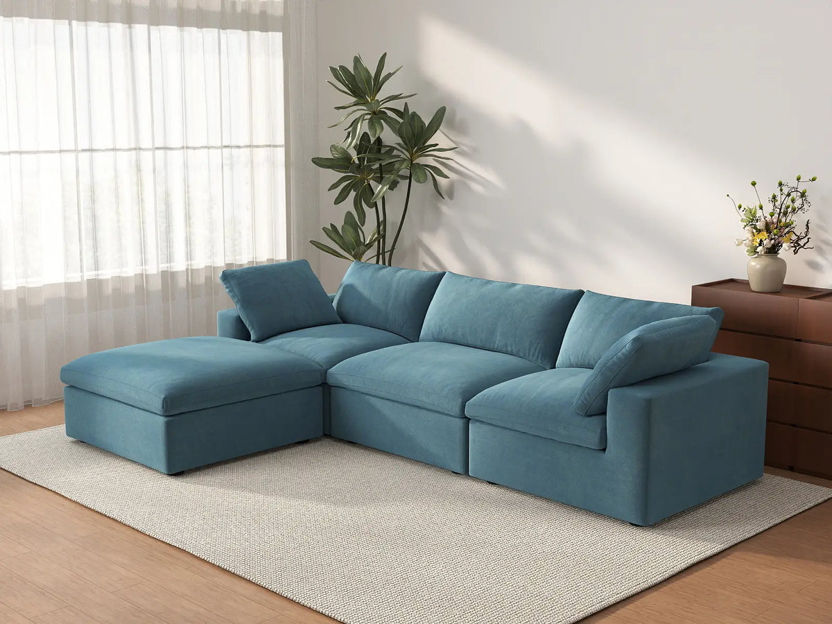 Deluxe Cloud 3-Seater Light Blue Sofa Set | 4-Piece (Includes 1 Ottoman), Velvet Fabric, Washable Cushion Covers