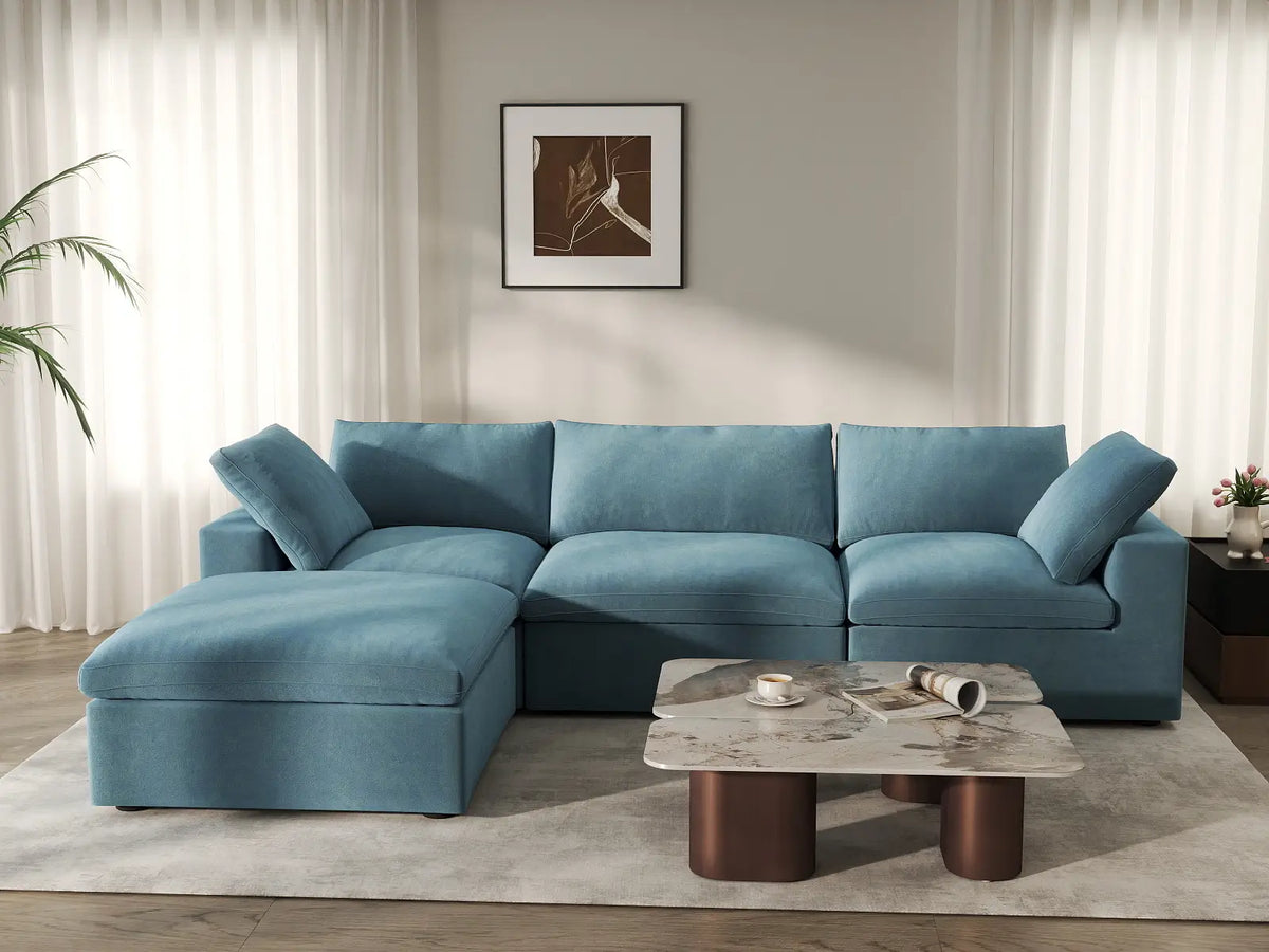 Deluxe Cloud 3-Seater Light Blue Sofa Set | 4-Piece (Includes 1 Ottoman), Velvet Fabric, Washable Cushion Covers