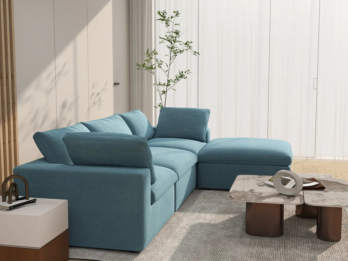 Deluxe Cloud 3-Seater Light Blue Sofa Set | 4-Piece (Includes 1 Ottoman), Velvet Fabric, Washable Cushion Covers