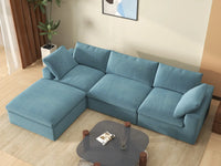 Deluxe Cloud 3-Seater Light Blue Sofa Set | 4-Piece (Includes 1 Ottoman), Velvet Fabric, Washable Cushion Covers