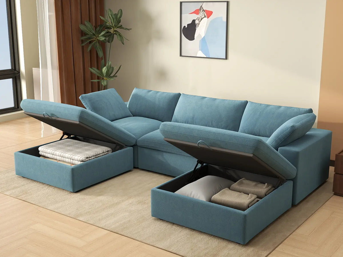 Deluxe Cloud 3-Seater Light Blue U-Shaped Sectional | 5-Piece (Includes 2 Ottomans), Velvet Fabric, Family Room Seating, Washable Cushion Covers