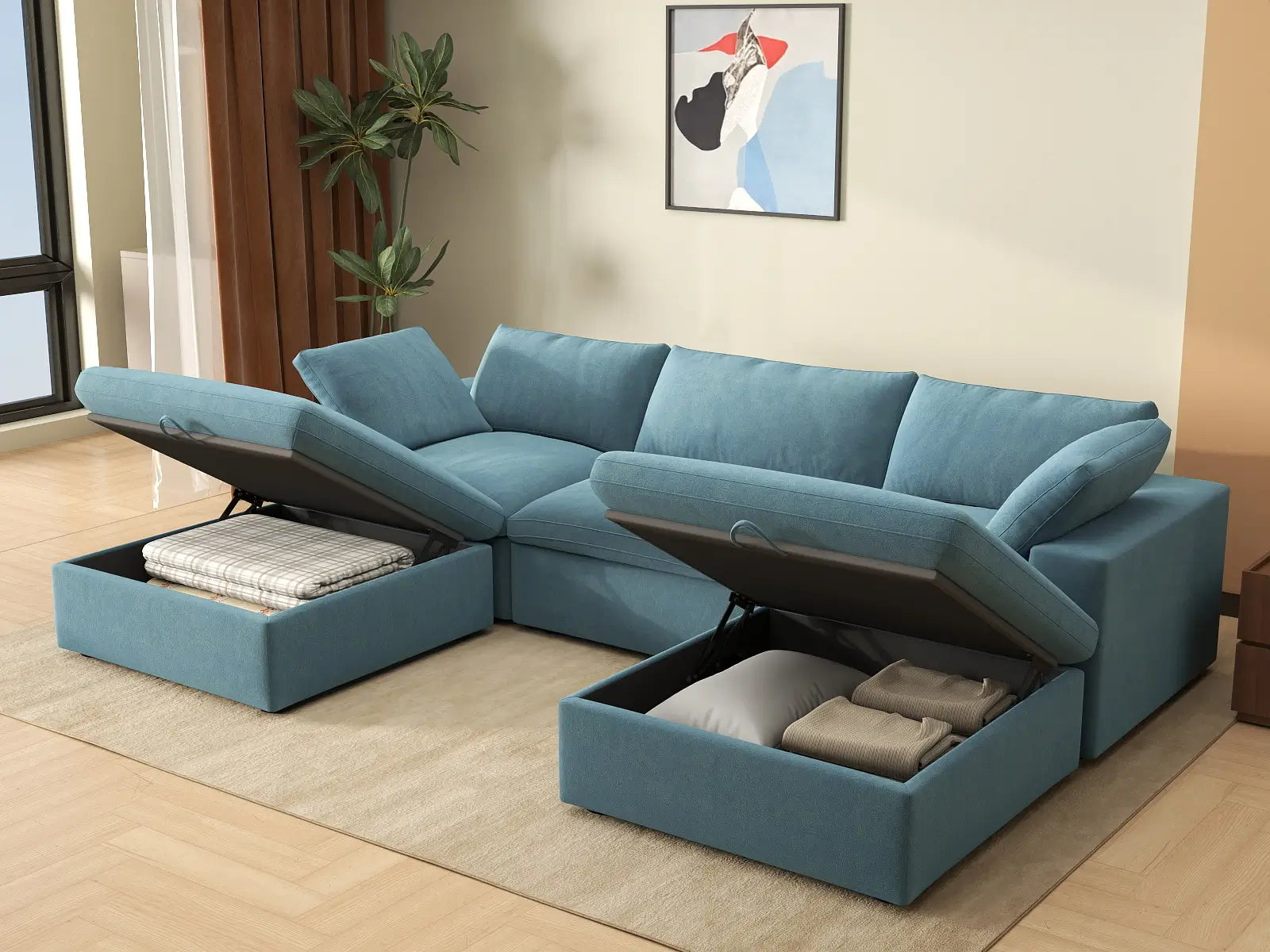 Deluxe Cloud 3-Seater Light Blue U-Shaped Sectional | 5-Piece (Includes 2 Ottomans), Velvet Fabric, Family Room Seating, Washable Cushion Covers