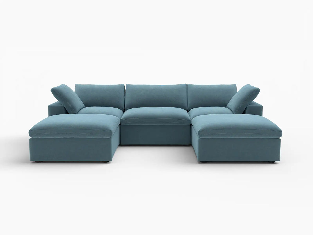 Deluxe Cloud 3-Seater Light Blue U-Shaped Sectional | 5-Piece (Includes 2 Ottomans), Velvet Fabric, Family Room Seating, Washable Cushion Covers