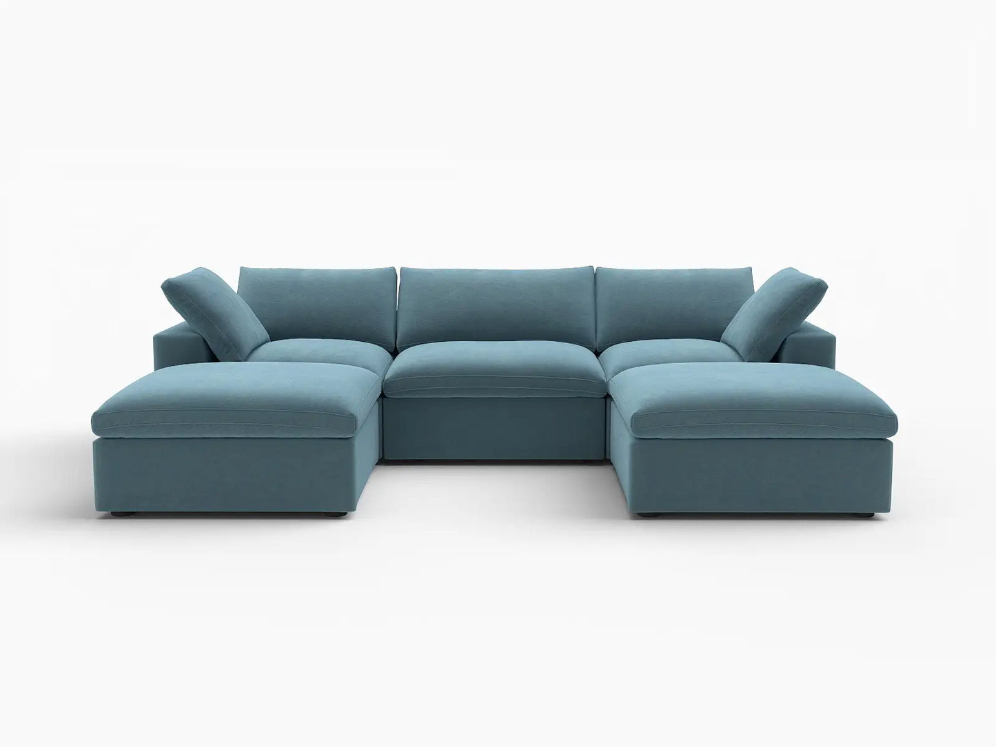 Deluxe Cloud 3-Seater Light Blue U-Shaped Sectional | 5-Piece (Includes 2 Ottomans), Velvet Fabric, Family Room Seating, Washable Cushion Covers