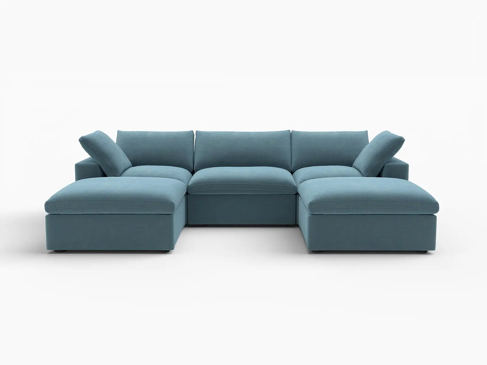 Deluxe Cloud 3-Seater Light Blue U-Shaped Sectional | 5-Piece (Includes 2 Ottomans), Velvet Fabric, Family Room Seating, Washable Cushion Covers