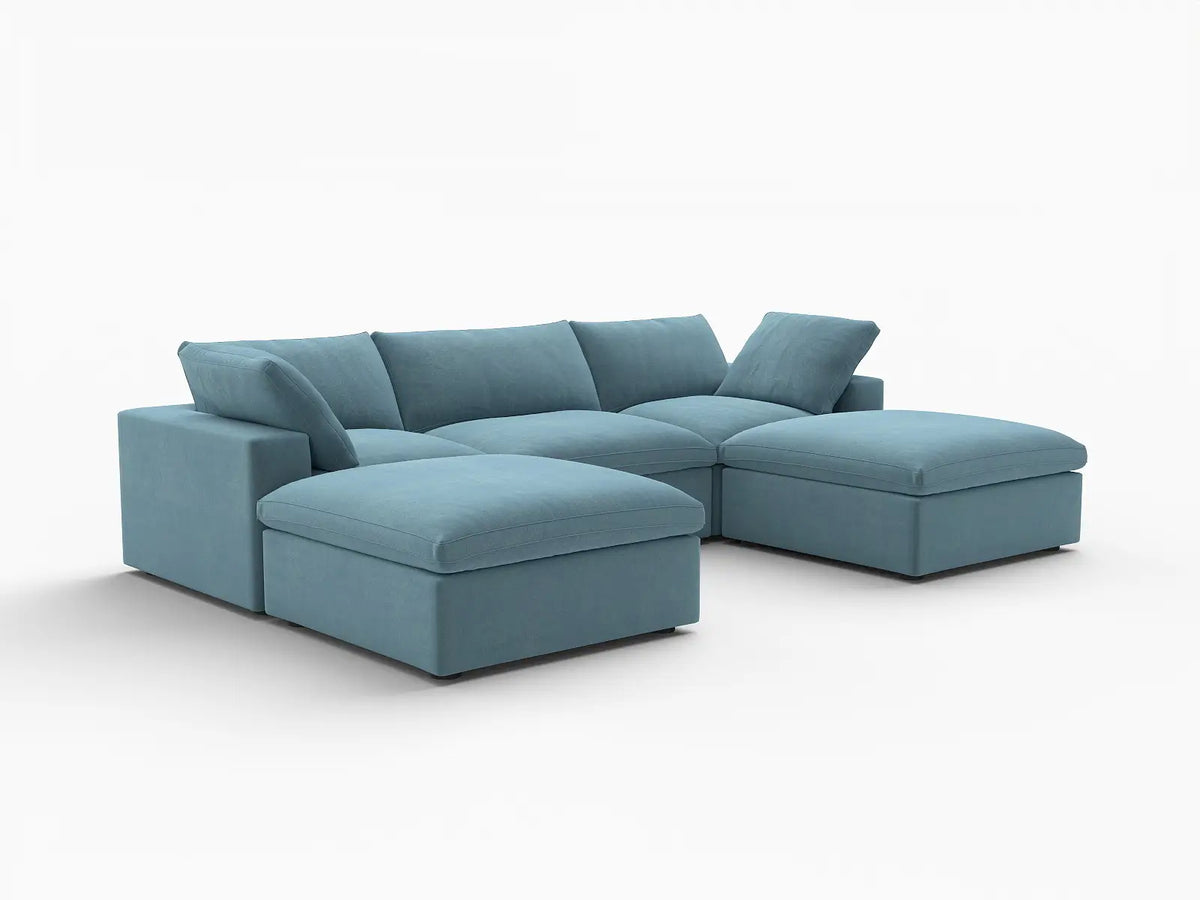 Deluxe Cloud 3-Seater Light Blue U-Shaped Sectional | 5-Piece (Includes 2 Ottomans), Velvet Fabric, Family Room Seating, Washable Cushion Covers