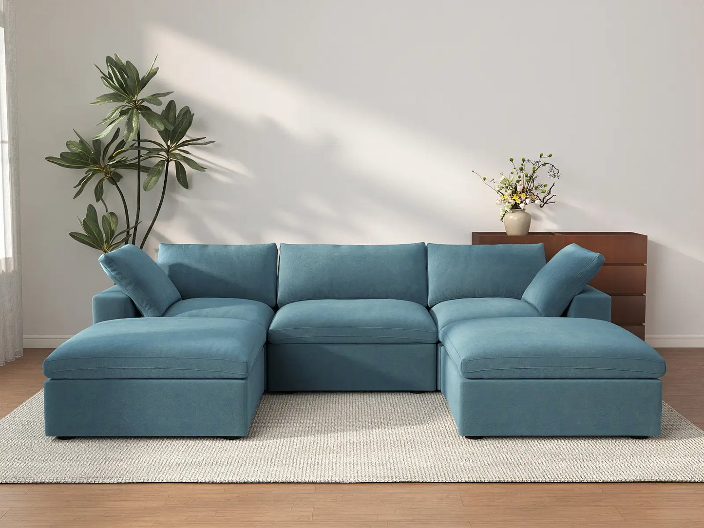 Deluxe Cloud 3-Seater Light Blue U-Shaped Sectional | 5-Piece (Includes 2 Ottomans), Velvet Fabric, Family Room Seating, Washable Cushion Covers