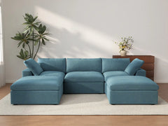 Deluxe Cloud 3-Seater Light Blue U-Shaped Sectional | 5-Piece (Includes 2 Ottomans), Velvet Fabric, Family Room Seating, Washable Cushion Covers