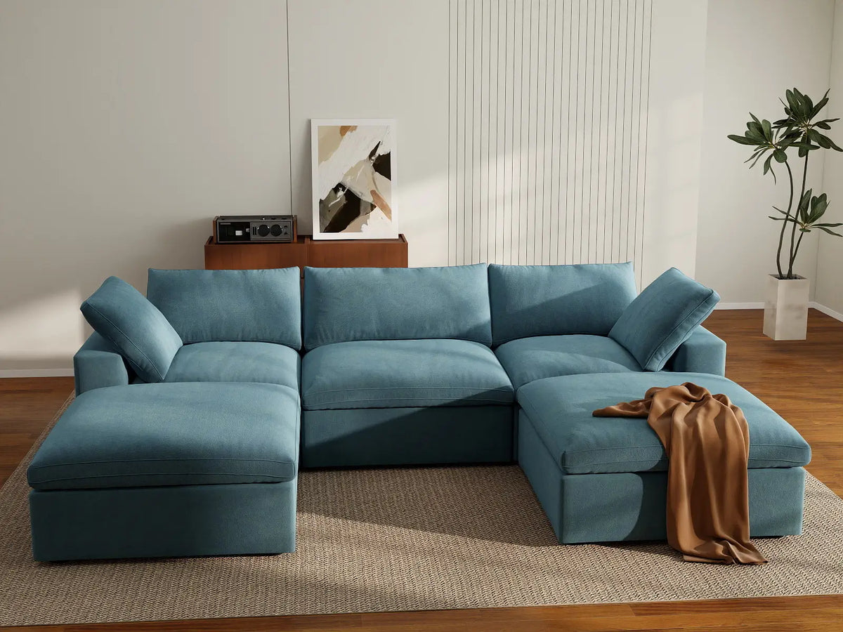 Deluxe Cloud 3-Seater Light Blue U-Shaped Sectional | 5-Piece (Includes 2 Ottomans), Velvet Fabric, Family Room Seating, Washable Cushion Covers