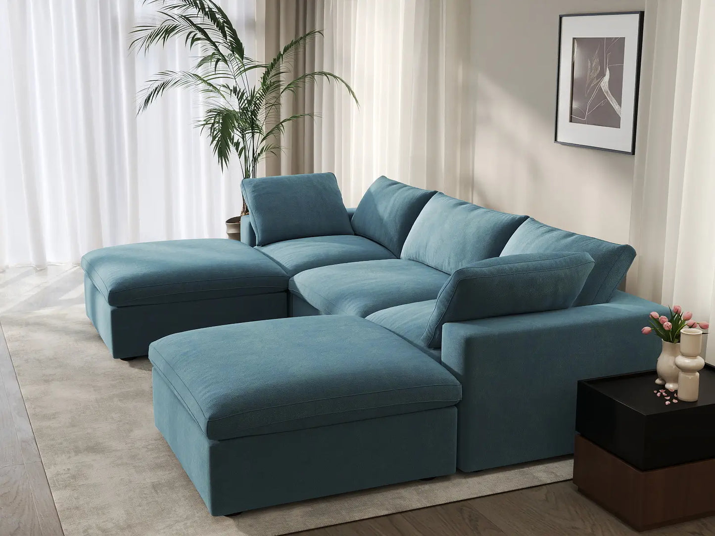 Deluxe Cloud 3-Seater Light Blue U-Shaped Sectional | 5-Piece (Includes 2 Ottomans), Velvet Fabric, Family Room Seating, Washable Cushion Covers