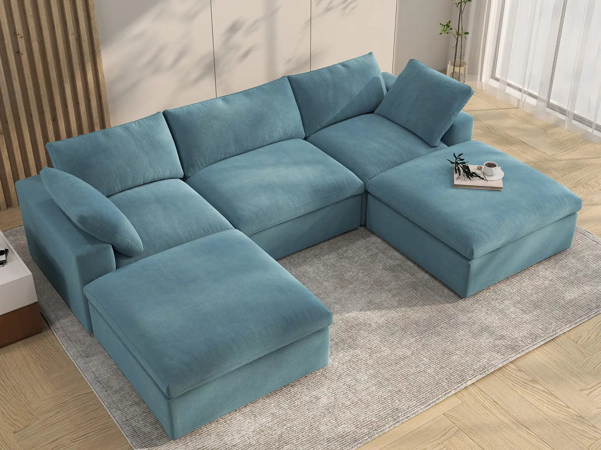 Deluxe Cloud 3-Seater Light Blue U-Shaped Sectional | 5-Piece (Includes 2 Ottomans), Velvet Fabric, Family Room Seating, Washable Cushion Covers
