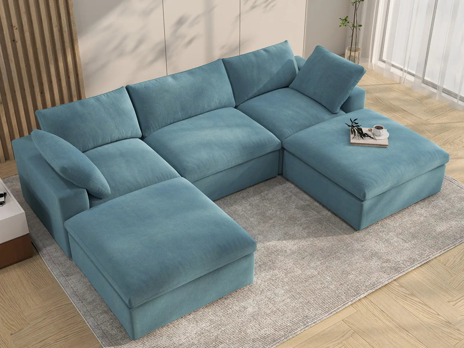 Deluxe Cloud 3-Seater Light Blue U-Shaped Sectional | 5-Piece (Includes 2 Ottomans), Velvet Fabric, Family Room Seating, Washable Cushion Covers
