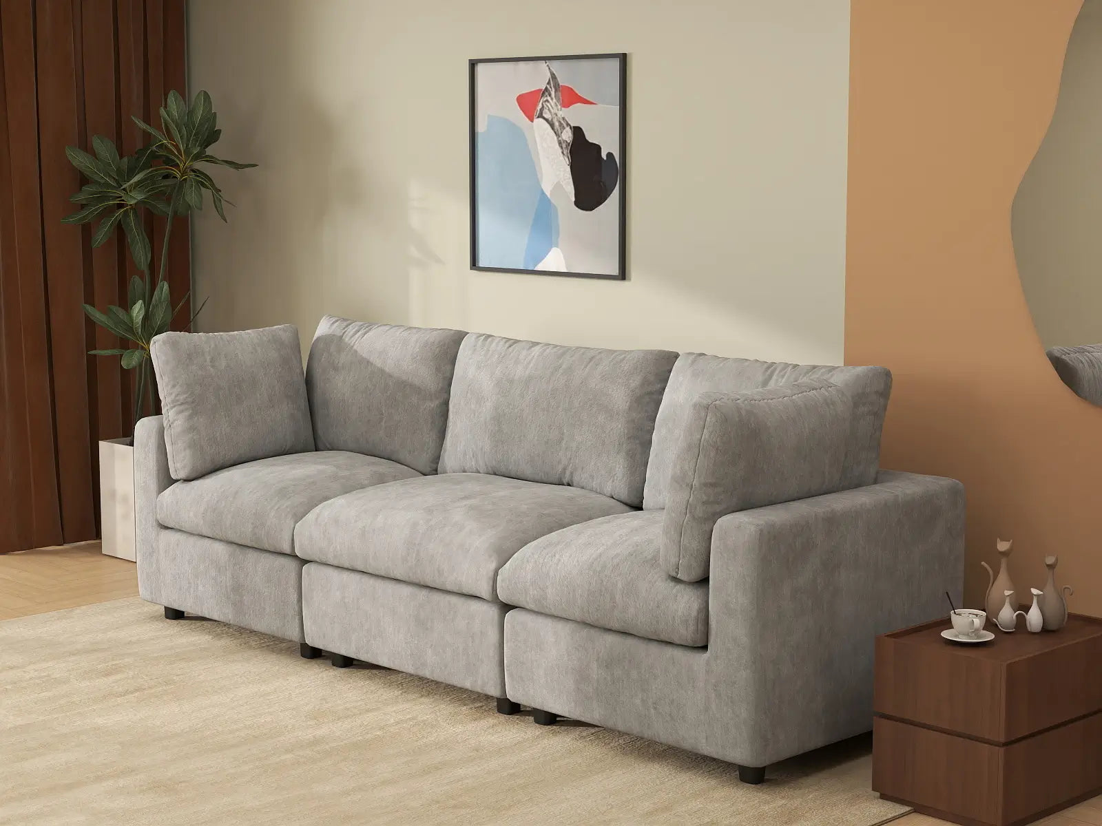Sofá Seccional de 3 Plazas Deluxe Cloud Gris Claro | 3 Piezas, Tela de Chenilla con Mezcla de Lino, Fundas de Cojín Lavables