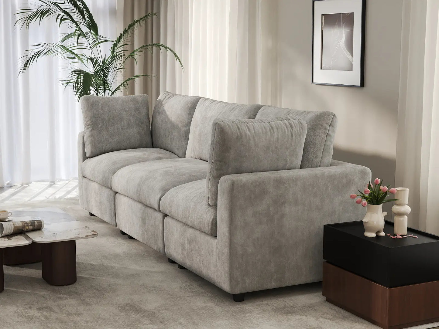 Sofá Seccional de 3 Plazas Deluxe Cloud Gris Claro | 3 Piezas, Tela de Chenilla con Mezcla de Lino, Fundas de Cojín Lavables