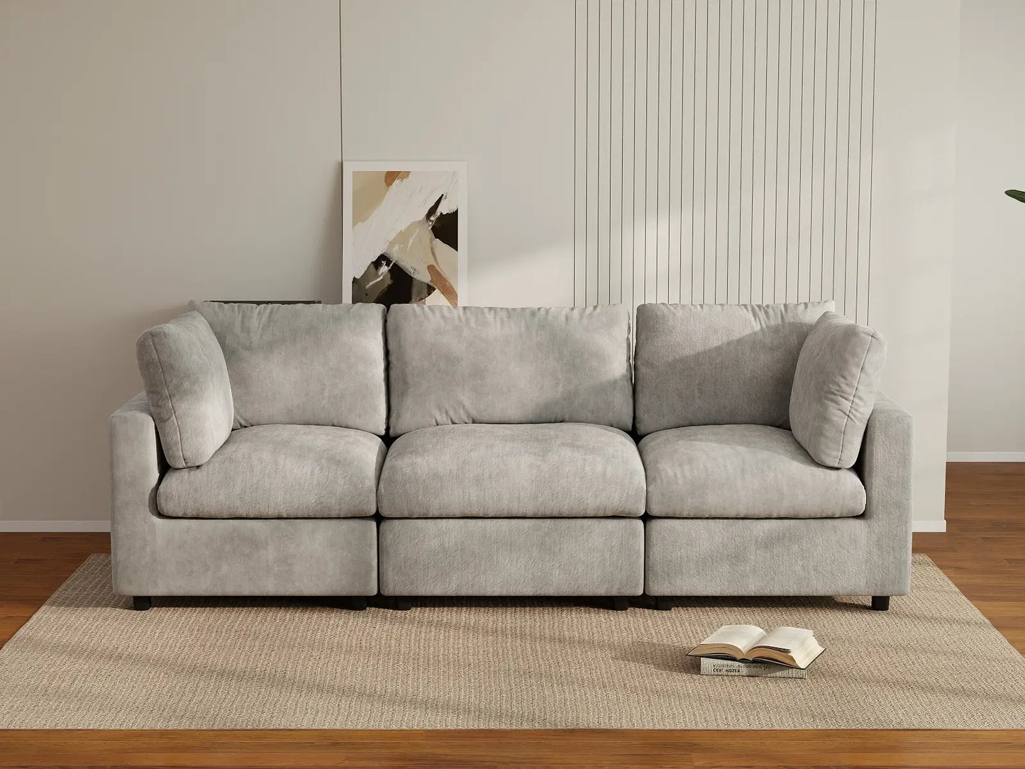 Sofá Seccional de 3 Plazas Deluxe Cloud Gris Claro | 3 Piezas, Tela de Chenilla con Mezcla de Lino, Fundas de Cojín Lavables
