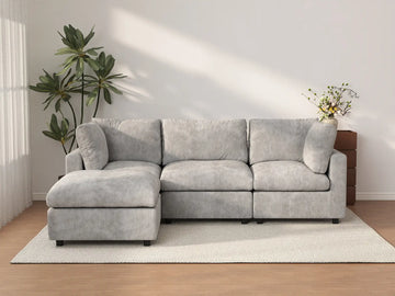 Deluxe Cloud 3-Seater Light Grey L-Shaped Sectional | 4-Piece (Includes 1 Ottoman), Linen-Blend Chenille Fabric, Washable Cushion Covers