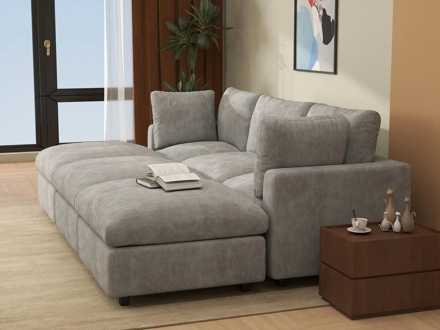 Seccional Pit de 3 Plazas Deluxe Cloud Gris Claro | 6 Piezas (Incluye 3 Otomanas), Tela de Chenilla Mezcla de Lino, Fundas de Cojín Lavables