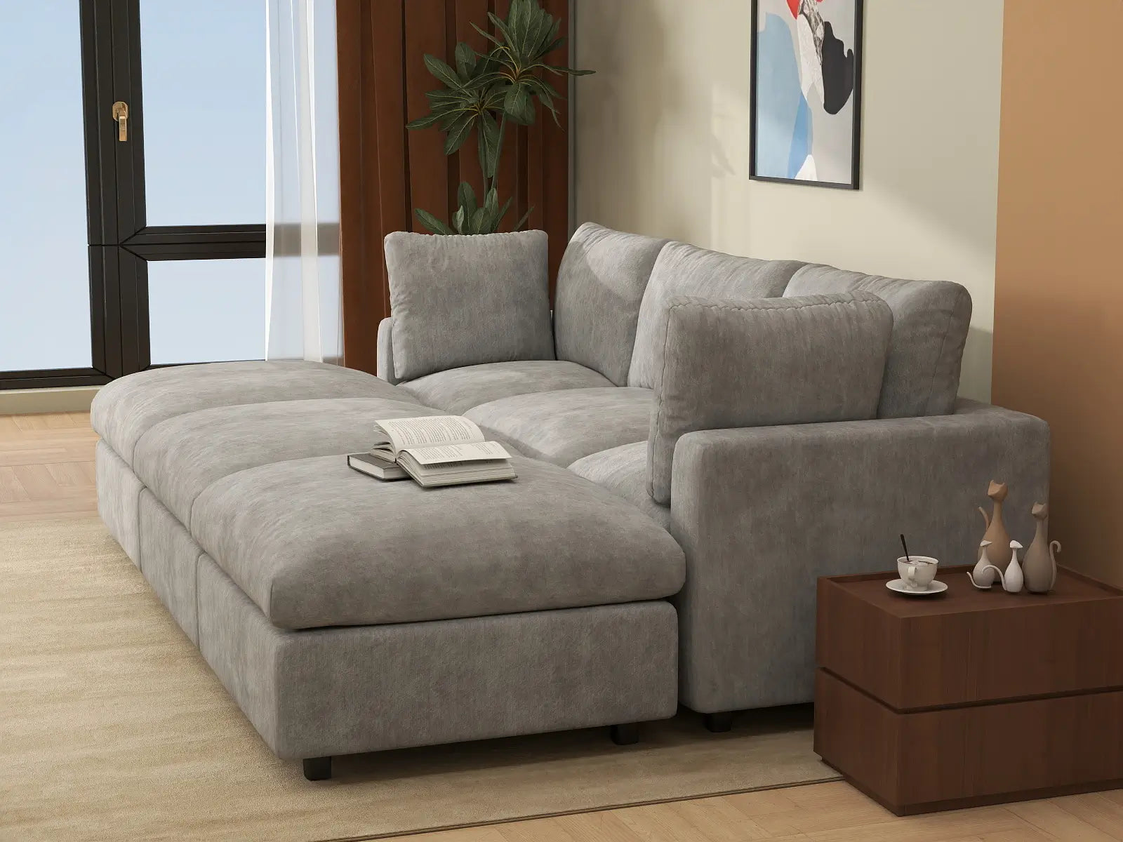 Seccional Pit de 3 Plazas Deluxe Cloud Gris Claro | 6 Piezas (Incluye 3 Otomanas), Tela de Chenilla Mezcla de Lino, Fundas de Cojín Lavables