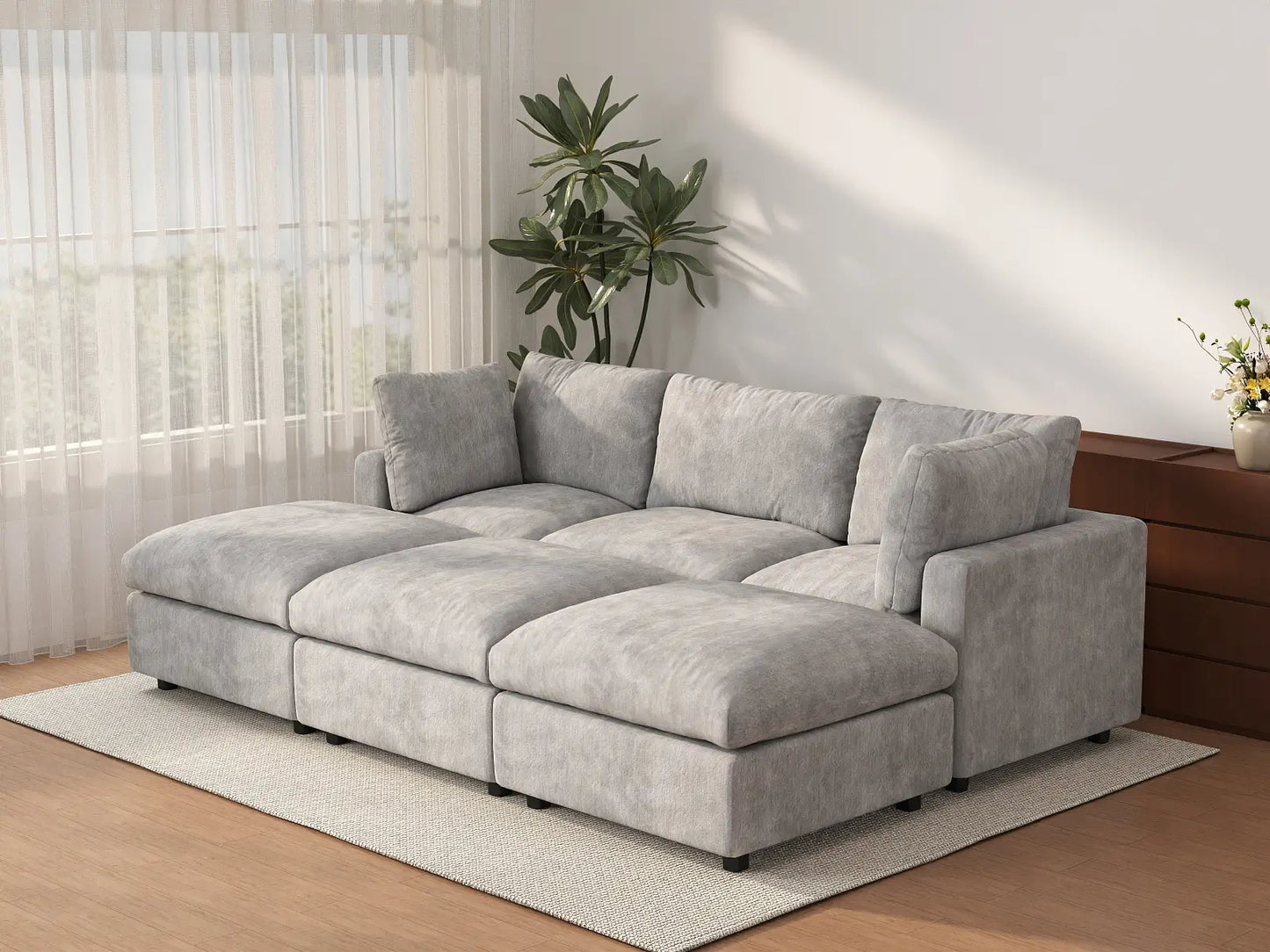 Seccional Pit de 3 Plazas Deluxe Cloud Gris Claro | 6 Piezas (Incluye 3 Otomanas), Tela de Chenilla Mezcla de Lino, Fundas de Cojín Lavables