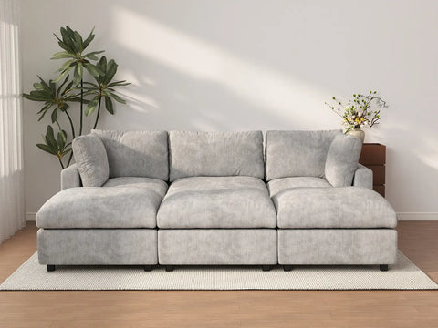Seccional Pit de 3 Plazas Deluxe Cloud Gris Claro | 6 Piezas (Incluye 3 Otomanas), Tela de Chenilla Mezcla de Lino, Fundas de Cojín Lavables