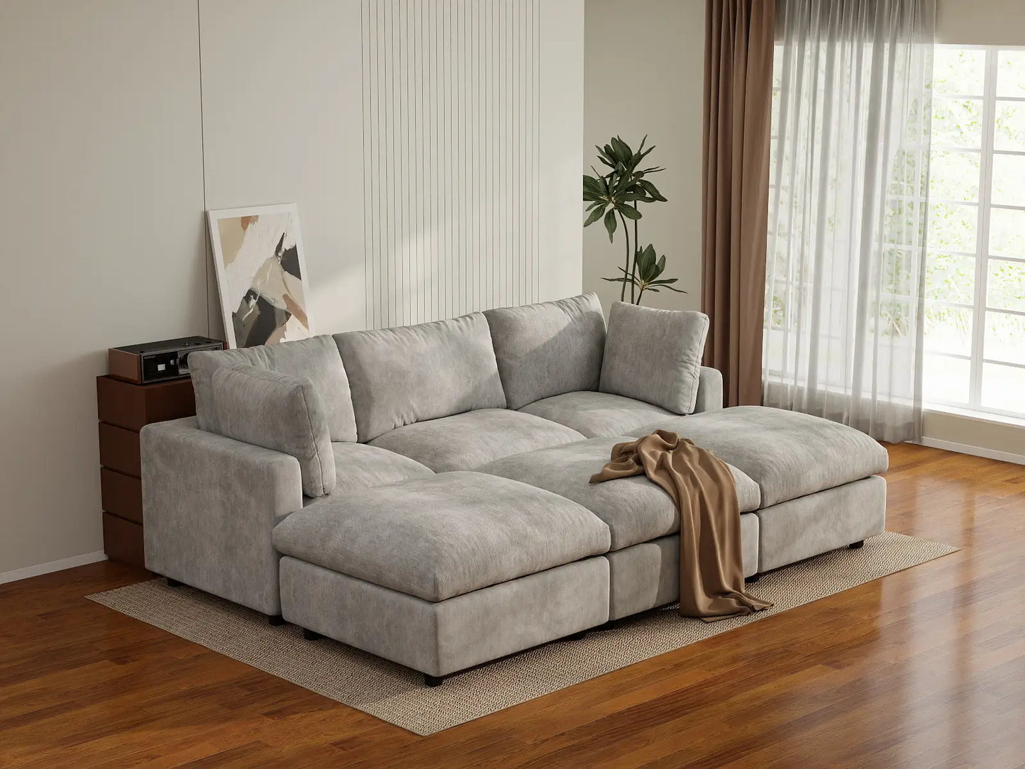 Fundas de sofá seccional Lounge Cloud | Funda de sofá de chenilla de mezcla de lino gris claro para 3 plazas con 3 otomanas