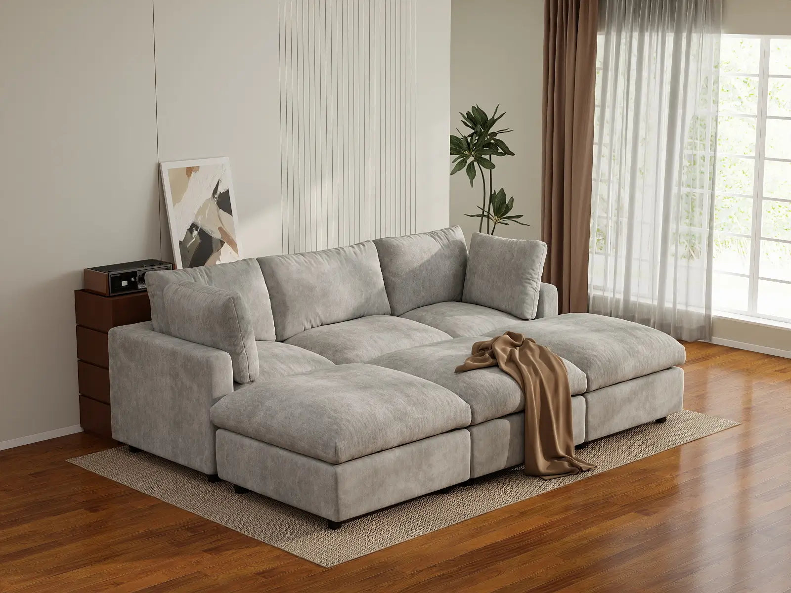 Fundas de sofá seccional Lounge Cloud | Funda de sofá de chenilla de mezcla de lino gris claro para 3 plazas con 3 otomanas