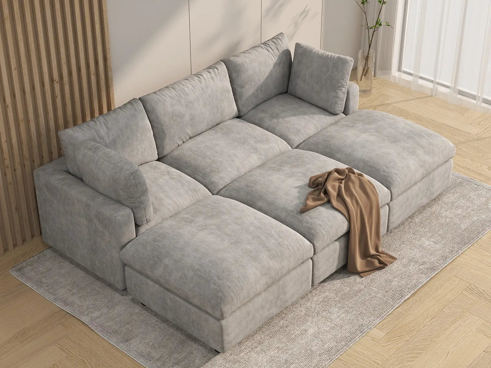 Fundas de sofá seccional Lounge Cloud | Funda de sofá de chenilla de mezcla de lino gris claro para 3 plazas con 3 otomanas