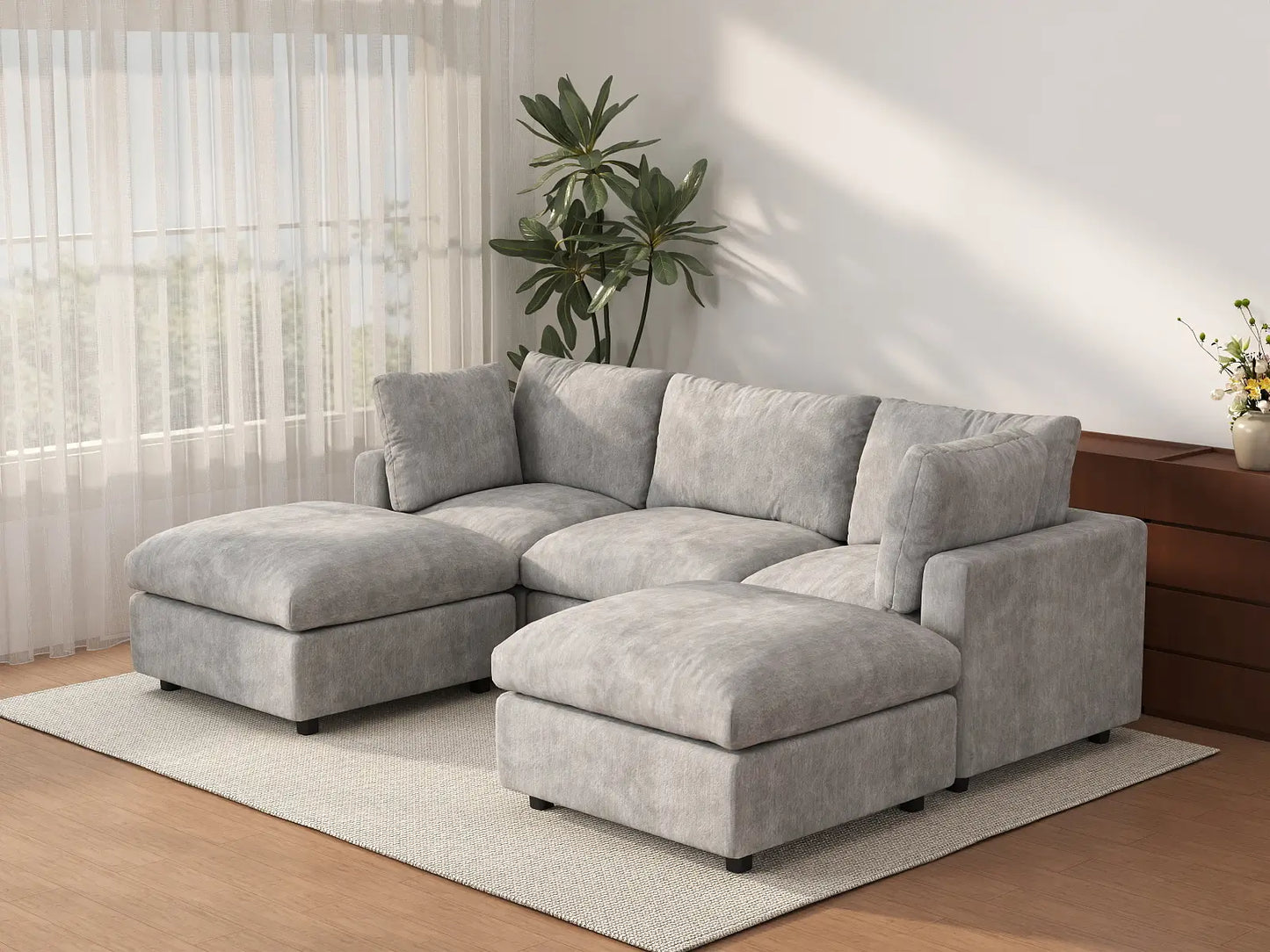Sofá Seccional en Forma de U Deluxe Cloud de 3 Asientos, Gris Claro | 5 Piezas (Incluye 2 Otomanas), Tela de Chenilla Mezcla de Lino, Fundas de Cojín Lavables