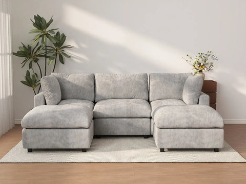 Sofá Seccional en Forma de U Deluxe Cloud de 3 Asientos, Gris Claro | 5 Piezas (Incluye 2 Otomanas), Tela de Chenilla Mezcla de Lino, Fundas de Cojín Lavables