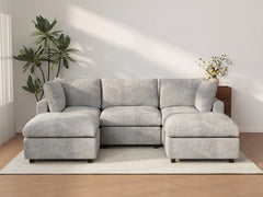 Sofá Seccional en Forma de U Deluxe Cloud de 3 Asientos, Gris Claro | 5 Piezas (Incluye 2 Otomanas), Tela de Chenilla Mezcla de Lino, Fundas de Cojín Lavables