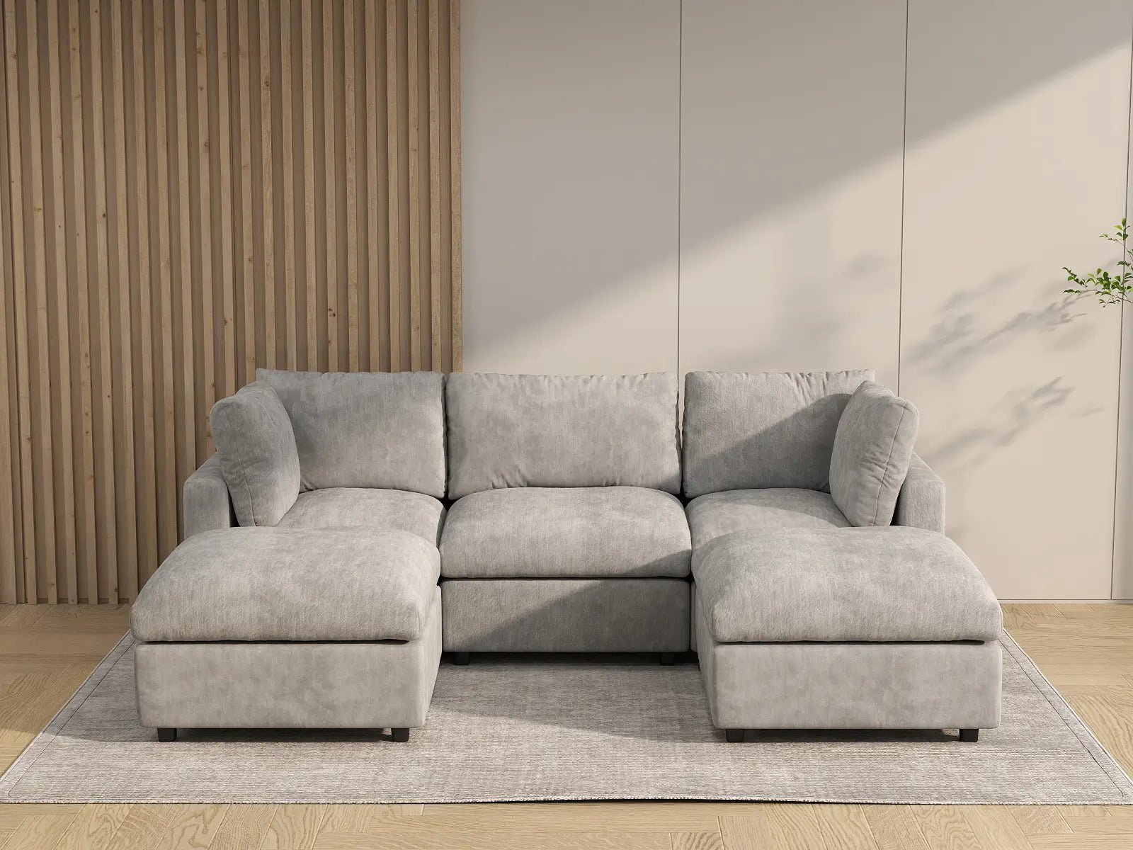 Sofá Seccional en Forma de U Deluxe Cloud de 3 Asientos, Gris Claro | 5 Piezas (Incluye 2 Otomanas), Tela de Chenilla Mezcla de Lino, Fundas de Cojín Lavables