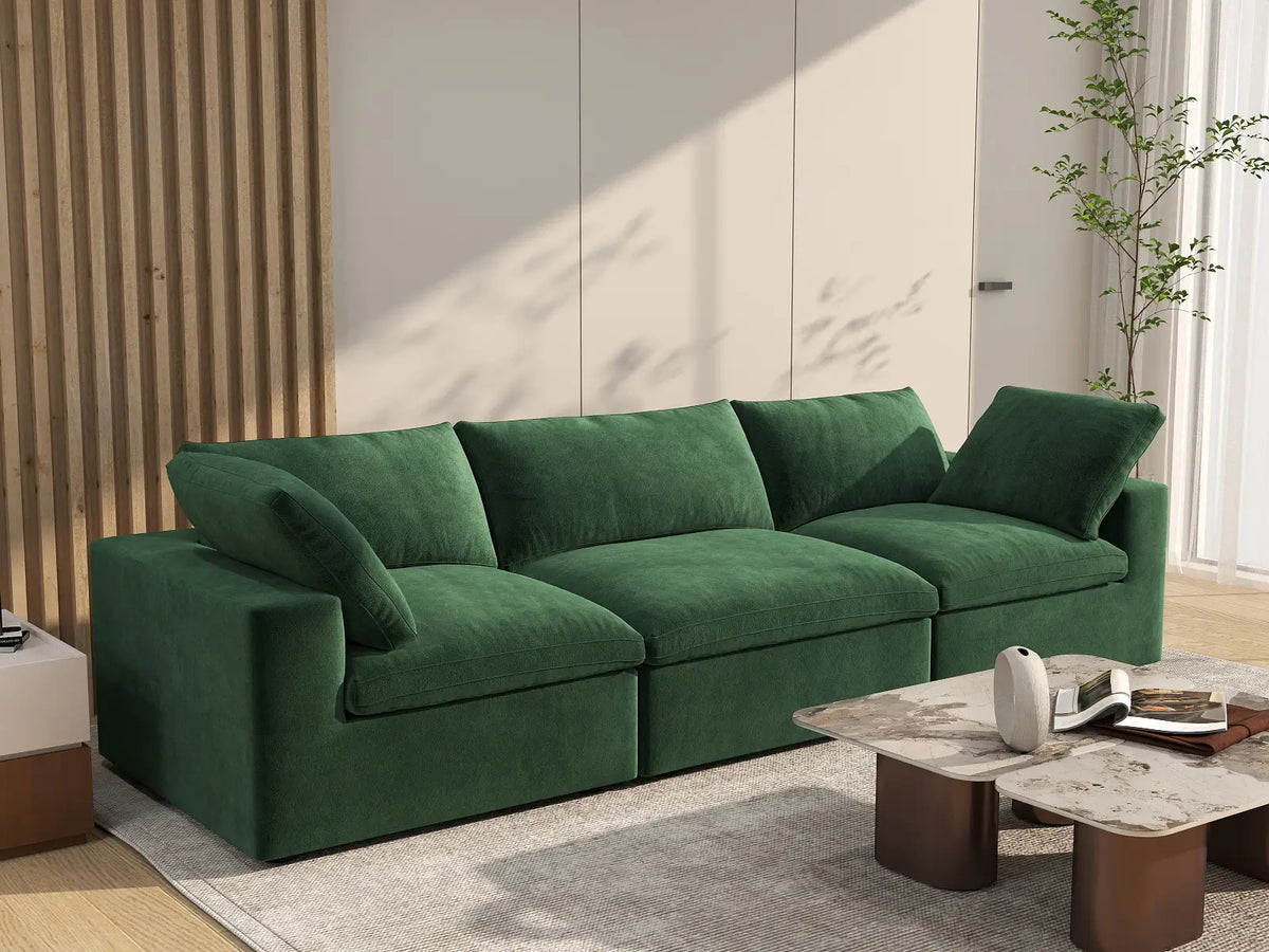 Deluxe Cloud 3-Seater Olive Green Couch Sectional | 3-Piece, Velvet Fabric, Living Room Seating, Washable Cushion Covers