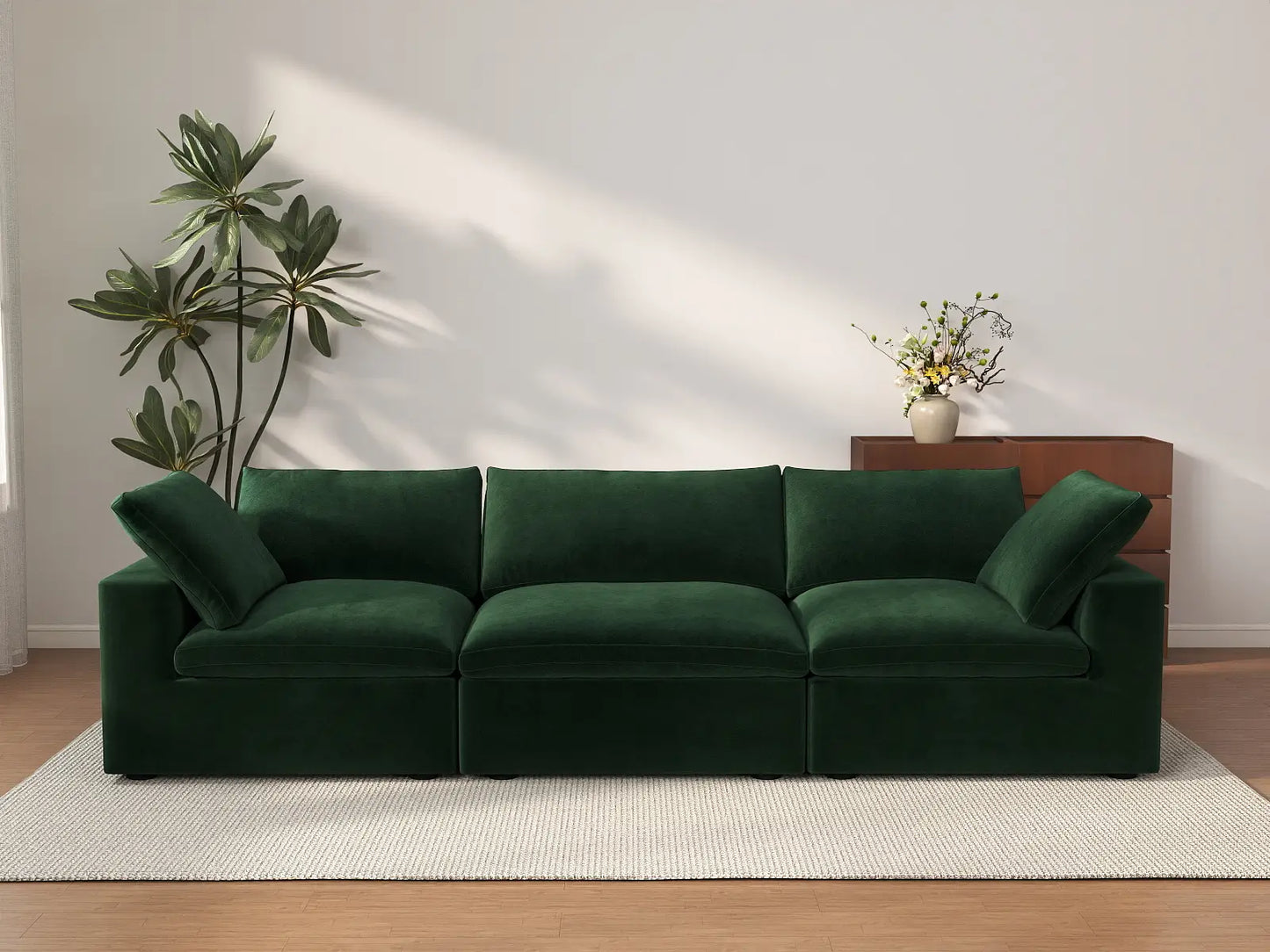 Deluxe Cloud 3-Seater Olive Green Couch Sectional | 3-Piece, Velvet Fabric, Living Room Seating, Washable Cushion Covers