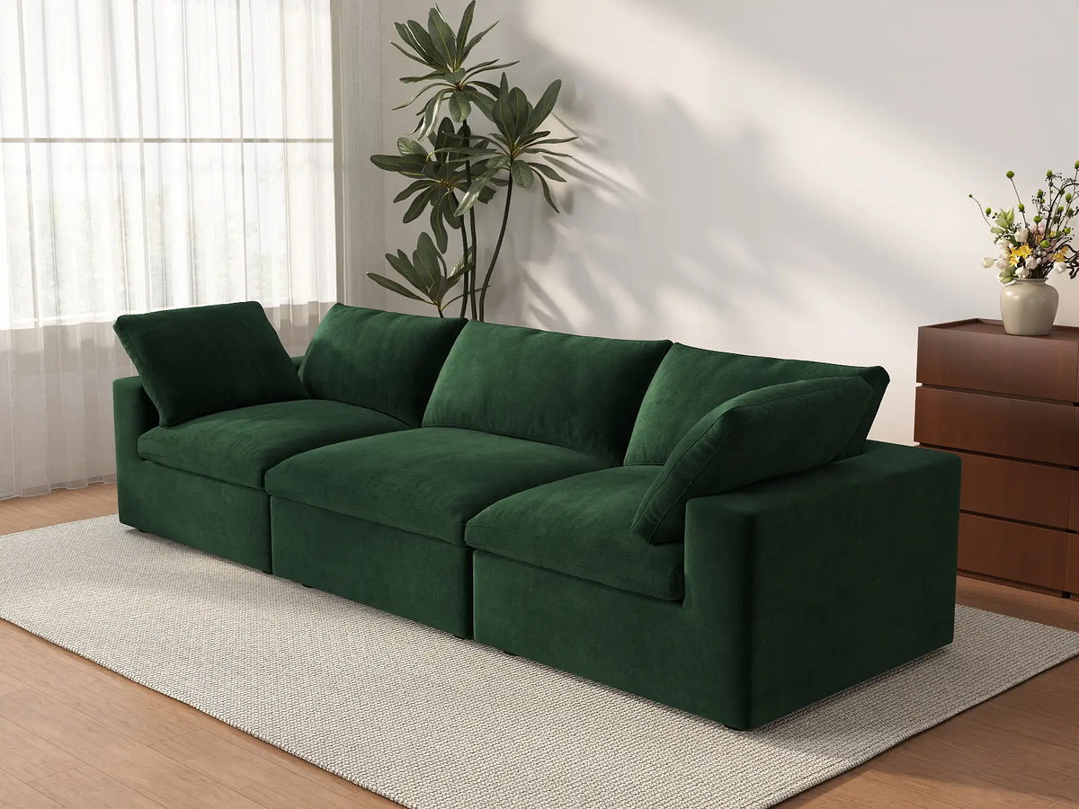 Deluxe Cloud 3-Seater Olive Green Couch Sectional | 3-Piece, Velvet Fabric, Living Room Seating, Washable Cushion Covers