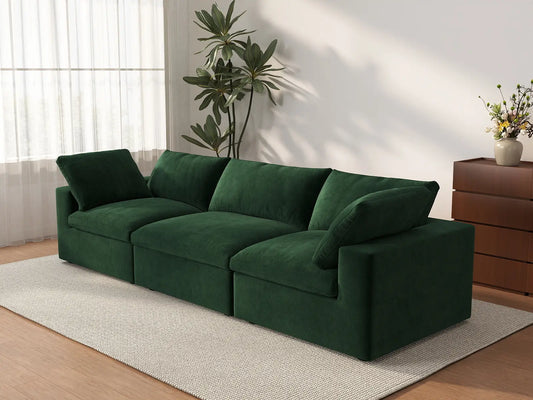 Deluxe Cloud 3-Seater Olive Green Couch Sectional | 3-Piece, Velvet Fabric, Living Room Seating, Washable Cushion Covers