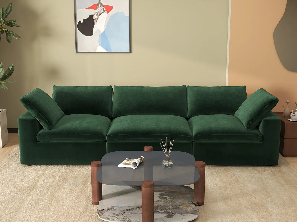 Deluxe Cloud 3-Seater Olive Green Couch Sectional | 3-Piece, Velvet Fabric, Living Room Seating, Washable Cushion Covers