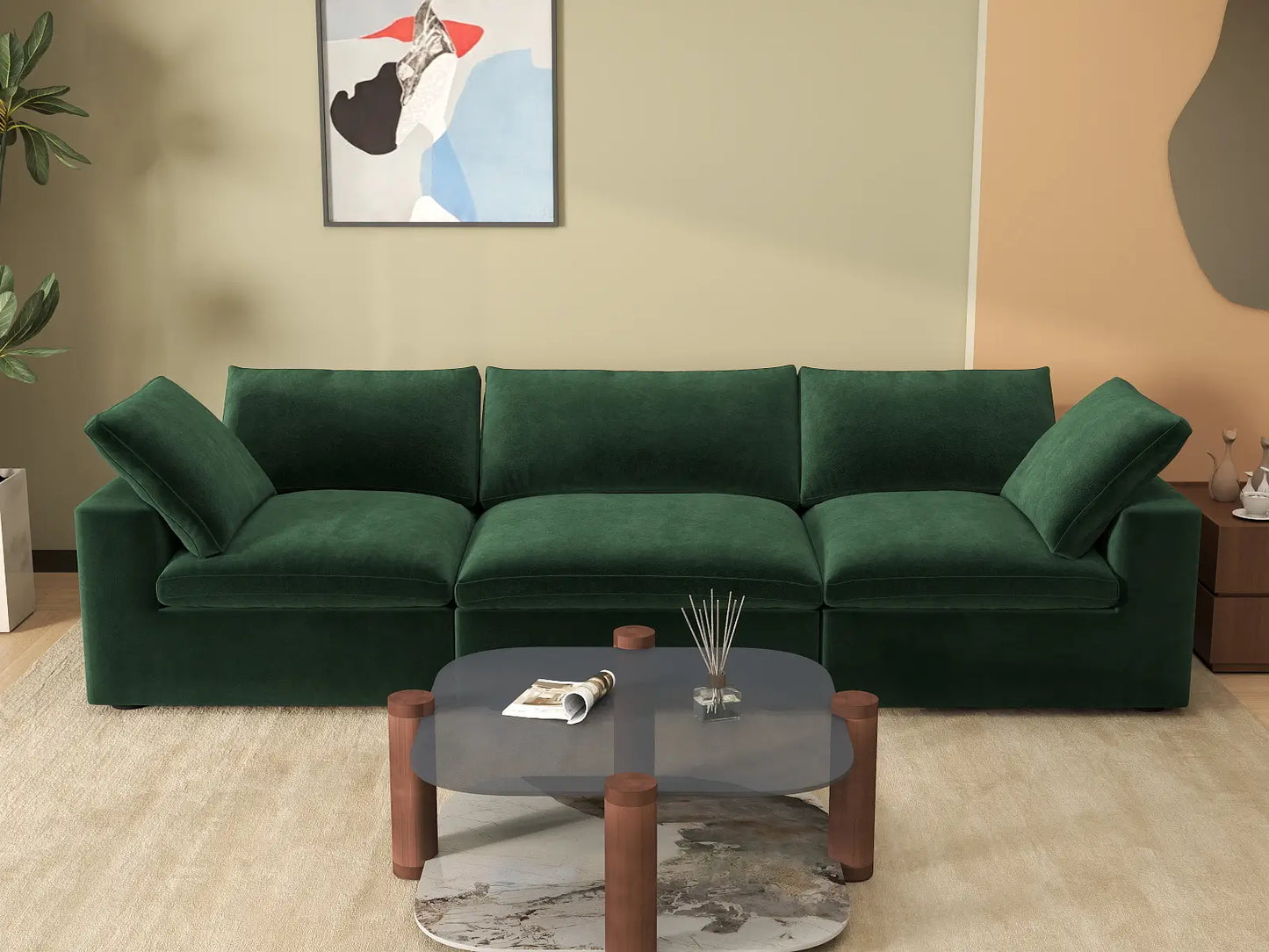 Deluxe Cloud 3-Seater Olive Green Couch Sectional | 3-Piece, Velvet Fabric, Living Room Seating, Washable Cushion Covers