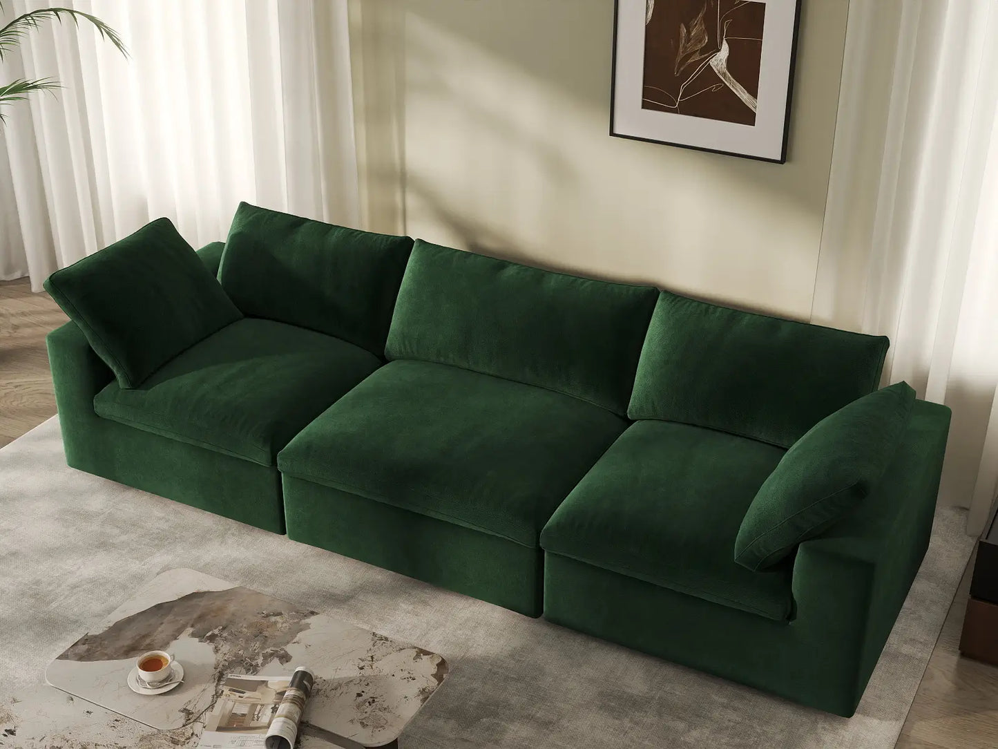 Deluxe Cloud 3-Seater Olive Green Couch Sectional | 3-Piece, Velvet Fabric, Living Room Seating, Washable Cushion Covers