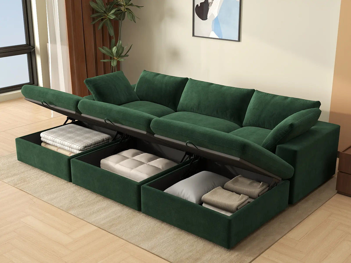 Deluxe Cloud 3-Seater Olive Green Pit Sectional | 6-Piece (Includes 3 Ottomans), Velvet Fabric, Family Room Seating, Washable Cushion Covers