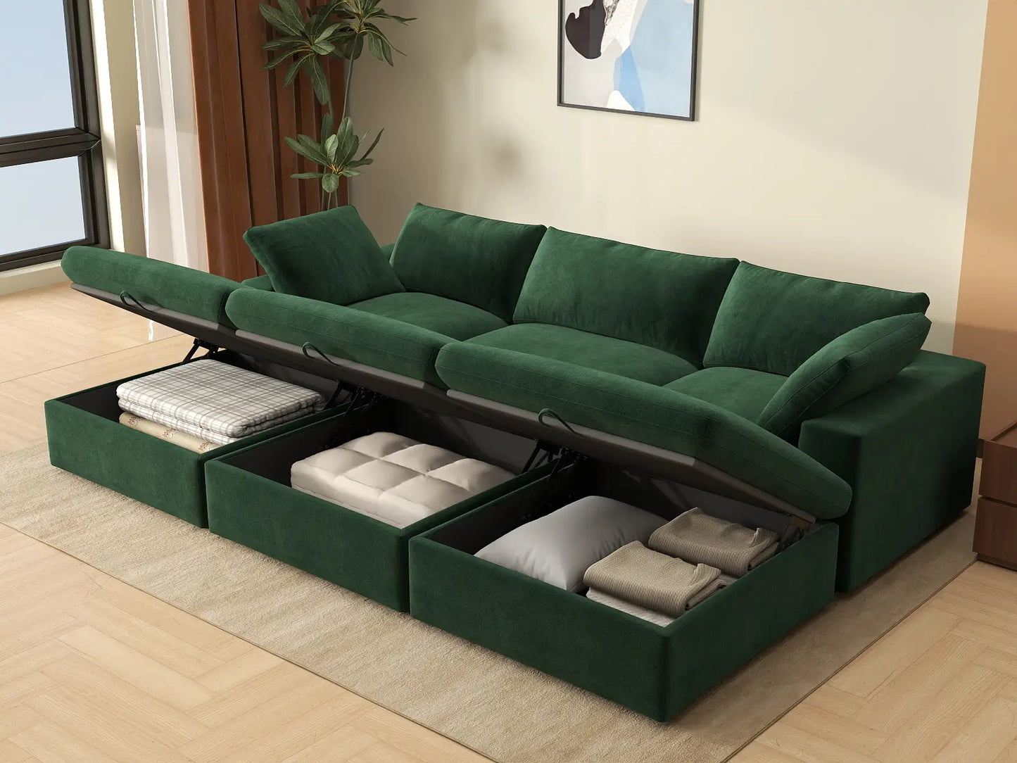 Deluxe Cloud 3-Seater Olive Green Pit Sectional | 6-Piece (Includes 3 Ottomans), Velvet Fabric, Family Room Seating, Washable Cushion Covers