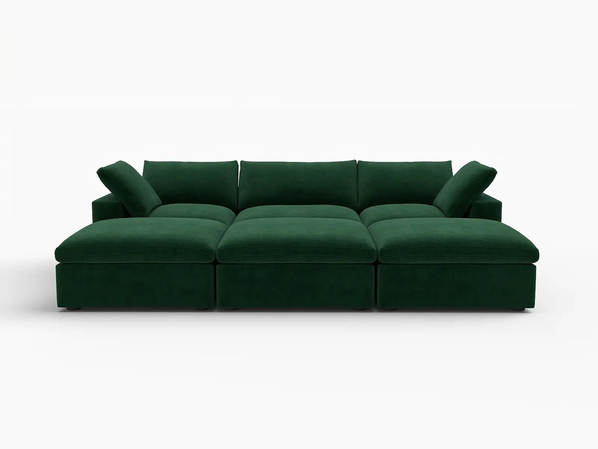 Deluxe Cloud 3-Seater Olive Green Pit Sectional | 6-Piece (Includes 3 Ottomans), Velvet Fabric, Family Room Seating, Washable Cushion Covers
