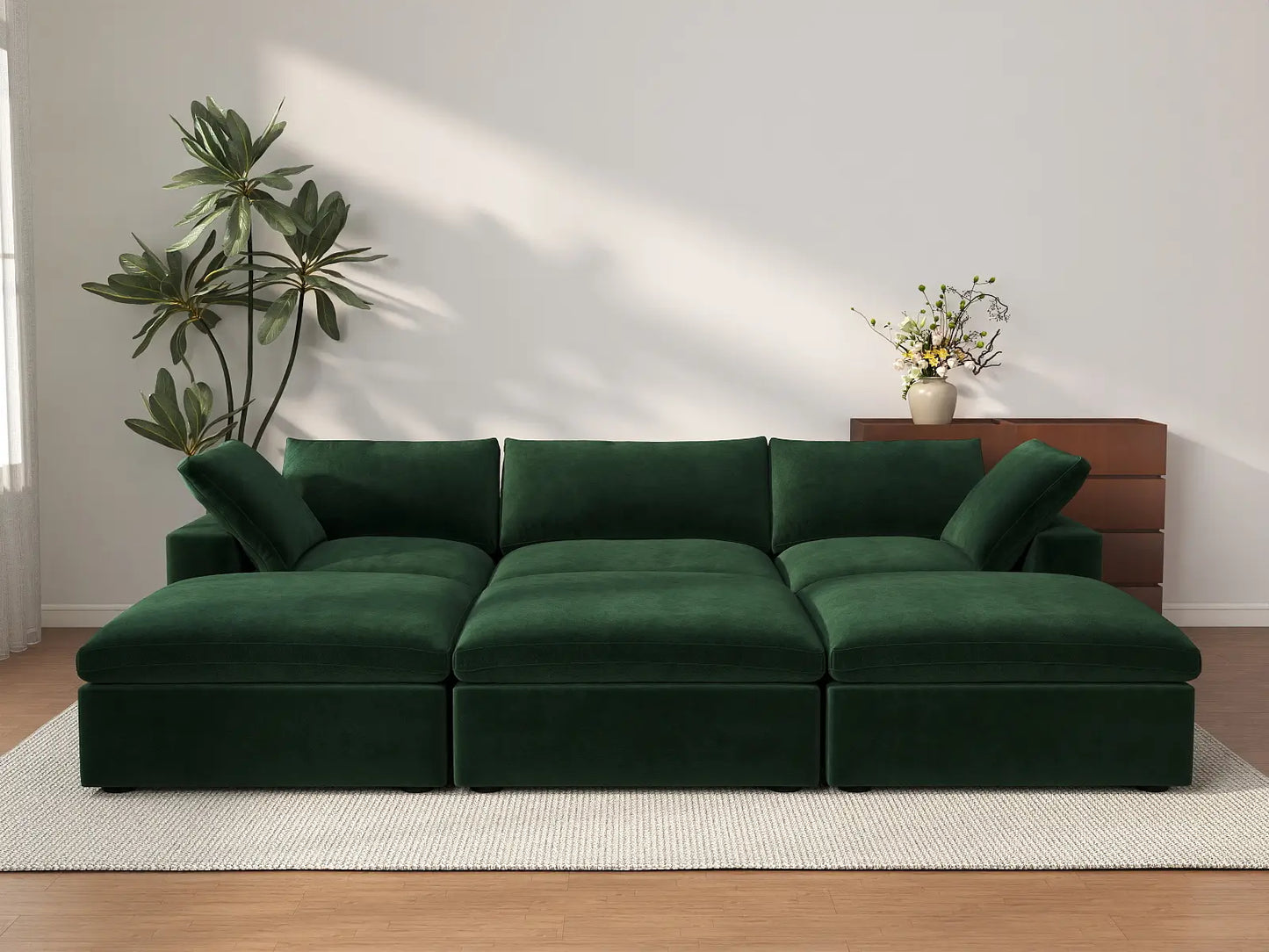 Deluxe Cloud 3-Seater Olive Green Pit Sectional | 6-Piece (Includes 3 Ottomans), Velvet Fabric, Family Room Seating, Washable Cushion Covers