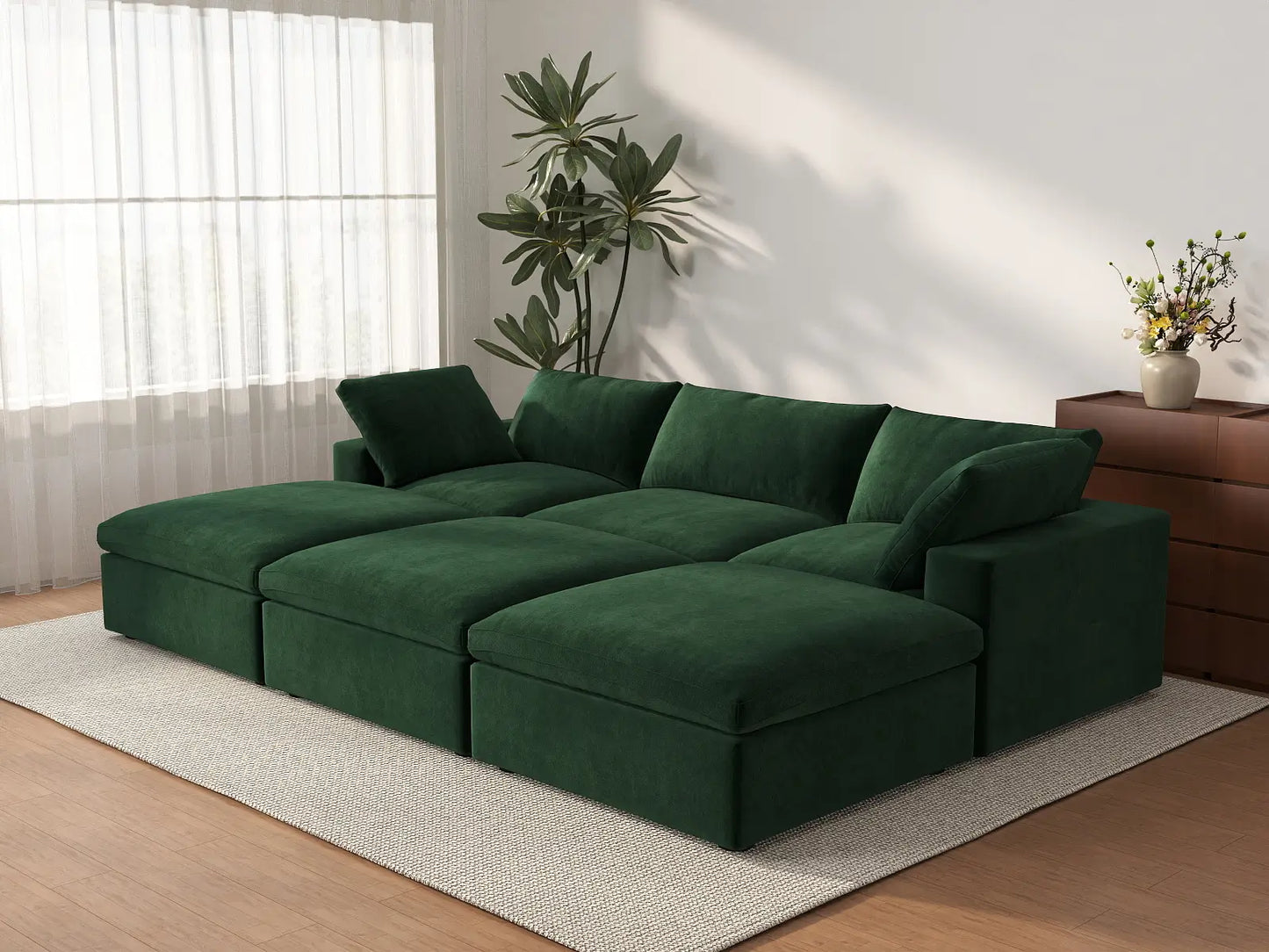 Deluxe Cloud 3-Seater Olive Green Pit Sectional | 6-Piece (Includes 3 Ottomans), Velvet Fabric, Family Room Seating, Washable Cushion Covers
