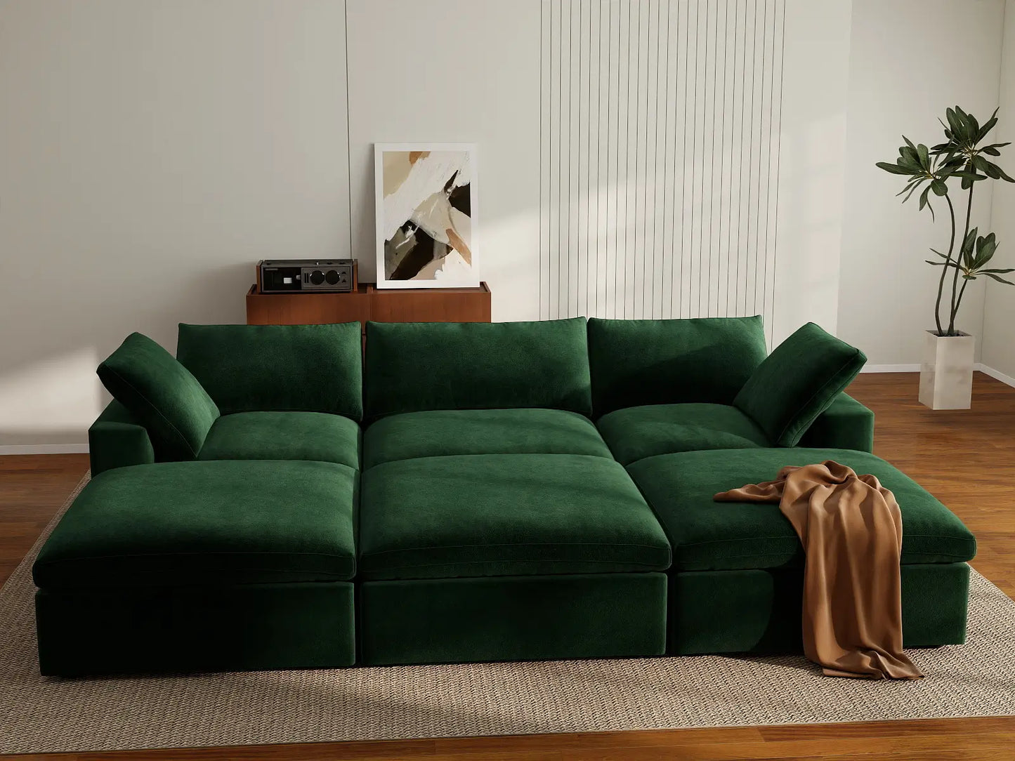 Deluxe Cloud 3-Seater Olive Green Pit Sectional | 6-Piece (Includes 3 Ottomans), Velvet Fabric, Family Room Seating, Washable Cushion Covers