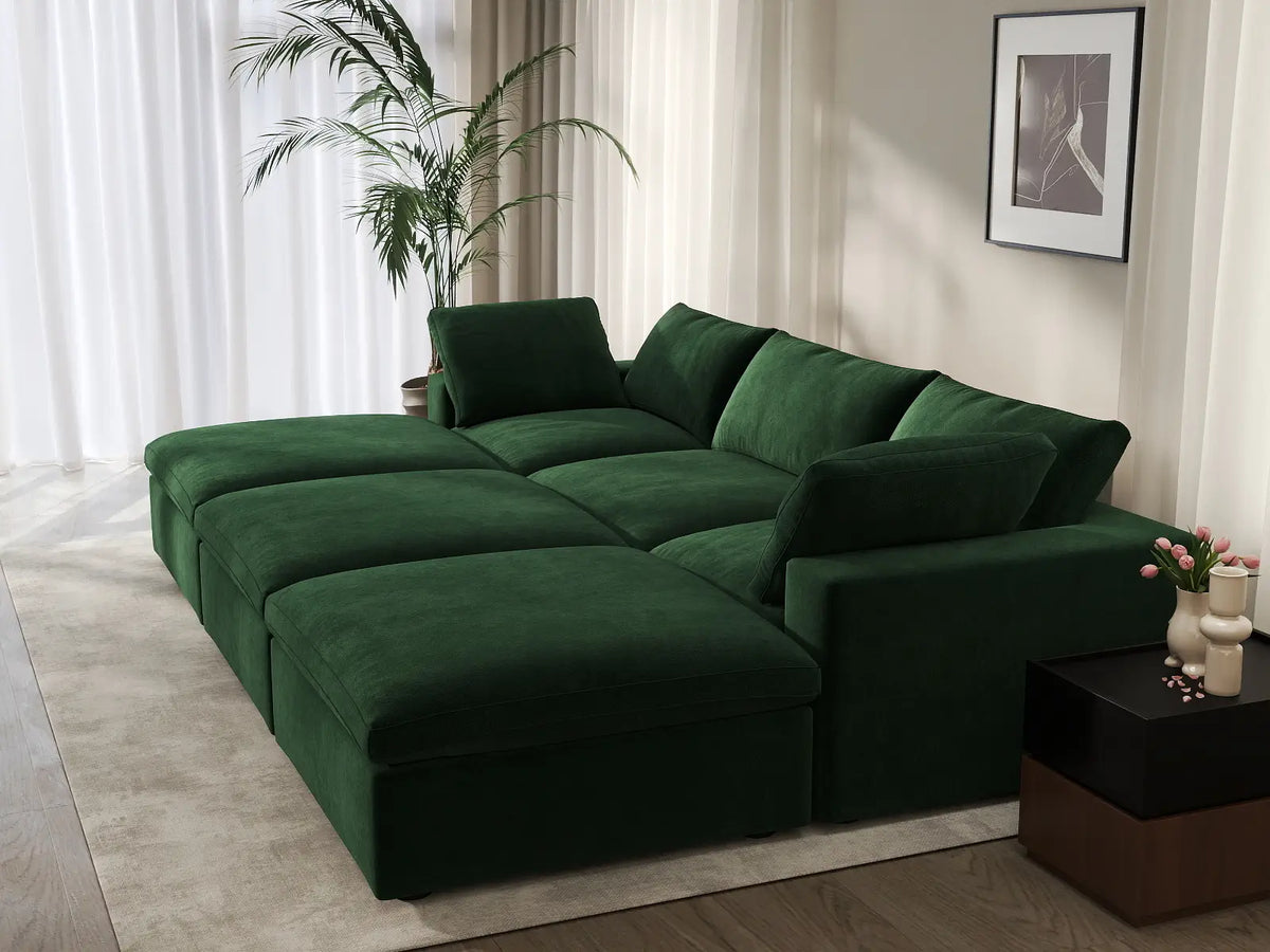 Deluxe Cloud 3-Seater Olive Green Pit Sectional | 6-Piece (Includes 3 Ottomans), Velvet Fabric, Family Room Seating, Washable Cushion Covers