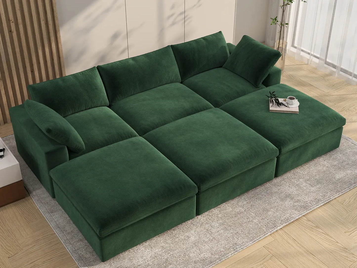 Deluxe Cloud 3-Seater Olive Green Pit Sectional | 6-Piece (Includes 3 Ottomans), Velvet Fabric, Family Room Seating, Washable Cushion Covers