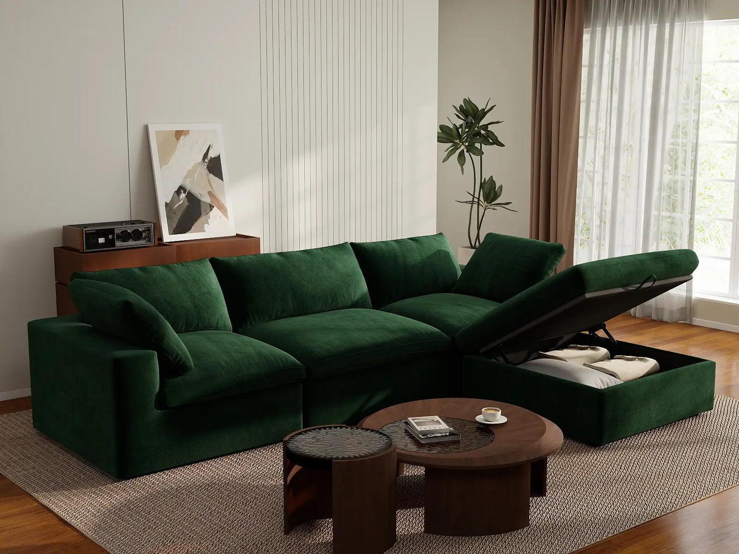 Deluxe Cloud 3-Seater Olive Green Sofa Set | 4-Piece (Includes 1 Ottoman), Velvet Fabric, Washable Cushion Covers