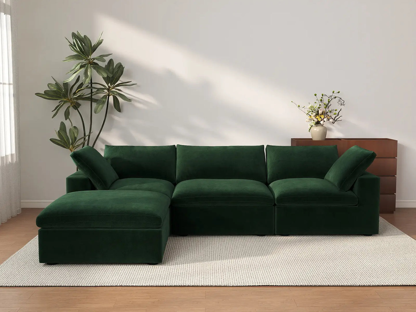 Deluxe Cloud 3-Seater Olive Green Sofa Set | 4-Piece (Includes 1 Ottoman), Velvet Fabric, Washable Cushion Covers