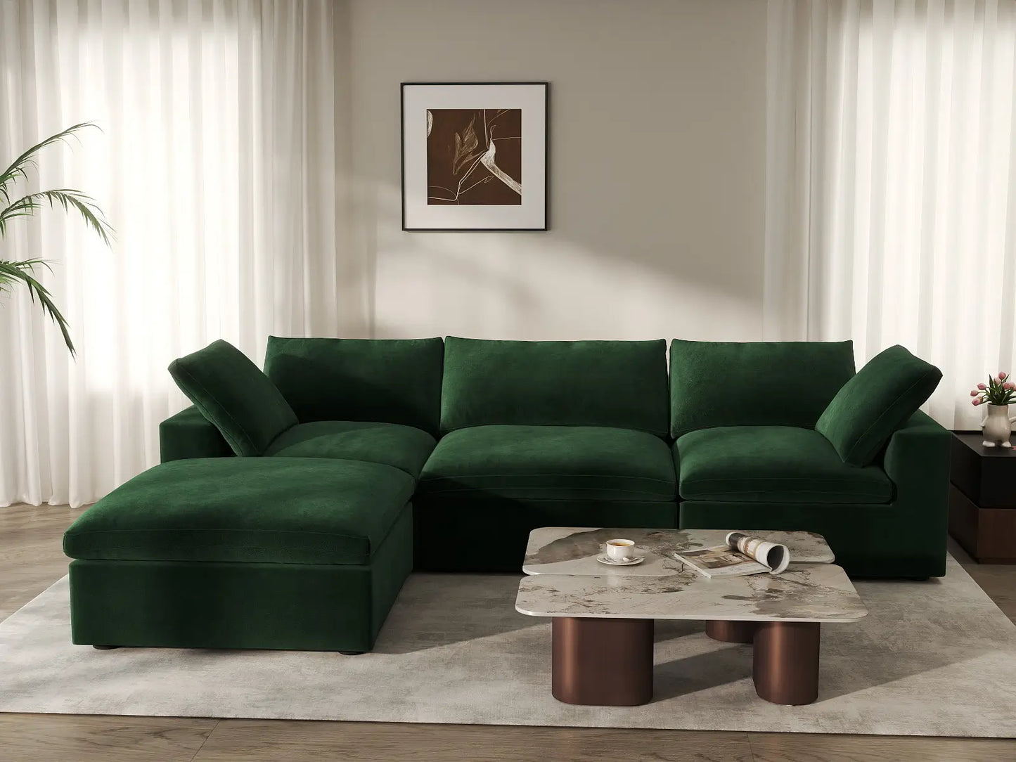Deluxe Cloud 3-Seater Olive Green Sofa Set | 4-Piece (Includes 1 Ottoman), Velvet Fabric, Washable Cushion Covers
