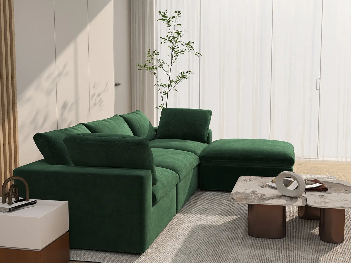 Deluxe Cloud 3-Seater Olive Green Sofa Set | 4-Piece (Includes 1 Ottoman), Velvet Fabric, Washable Cushion Covers